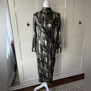 Zara Womens Khaki Green Camouflage Sequin High Neck Midi Sheath Dress Size M